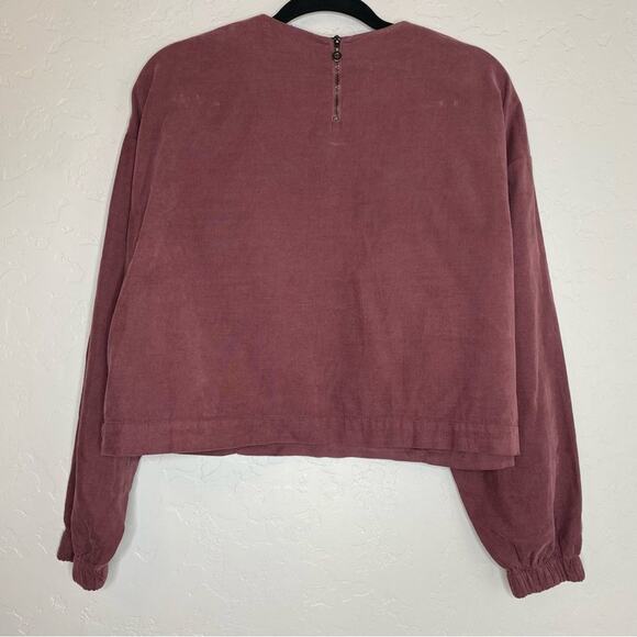 Zara Burgundy 100% Cotton Crewneck Cinched Sleeve Top Small - Picture 10 of 11